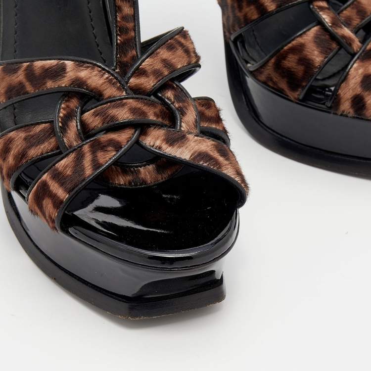 Pre Owned Yves Saint Laurent Brown/Black Leopard Print Calf Hair And Leather Trim Tribute Platform Ankle Strap Sandals Size 40