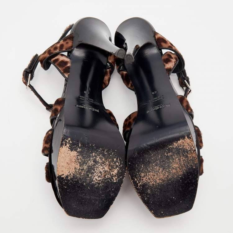 Pre Owned Yves Saint Laurent Brown/Black Leopard Print Calf Hair And Leather Trim Tribute Platform Ankle Strap Sandals Size 40