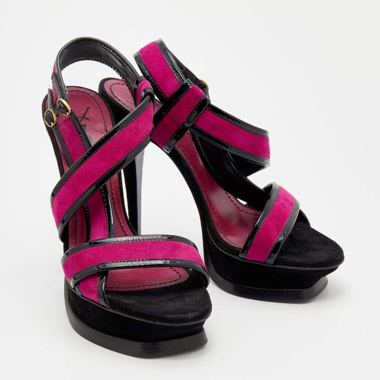 Pre Owned Yves Saint Laurent Pink/Black Suede And Patent Leather Platform Sandals Size 37.5