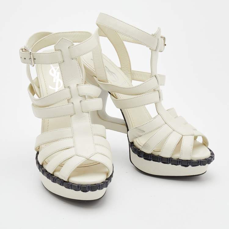 Pre Owned Yves Saint Laurent White Leather Strappy Sandals Size 35