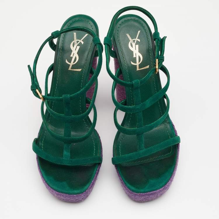 Pre Owned Yves Saint Laurent Green Suede Strappy Platform Espadrille Sandals Size 38