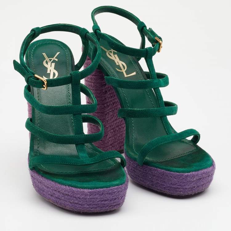 Pre Owned Yves Saint Laurent Green Suede Strappy Platform Espadrille Sandals Size 38