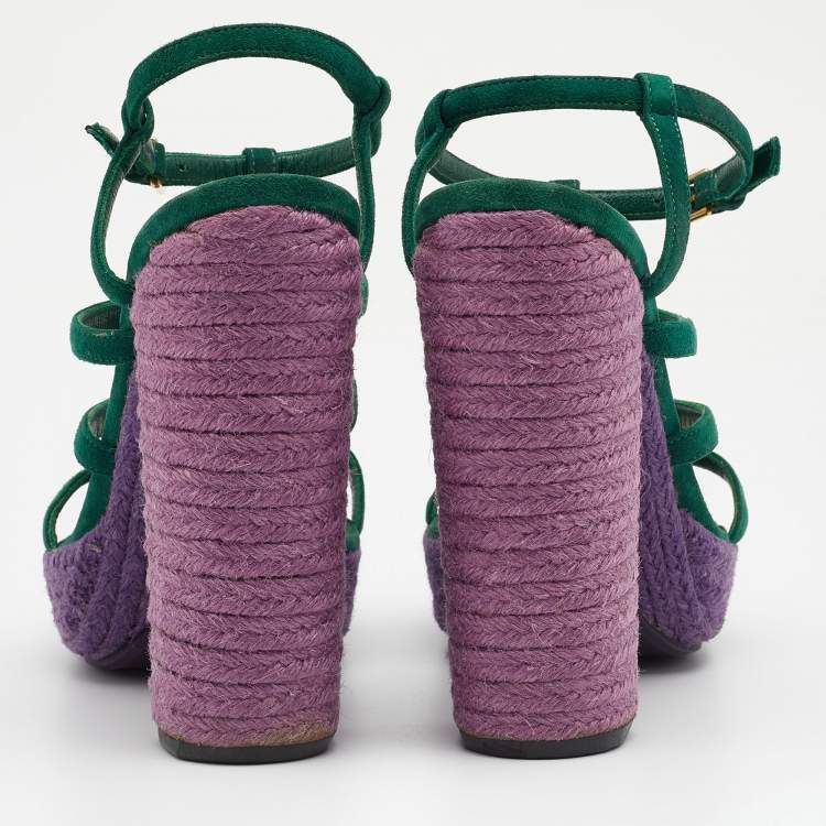 Pre Owned Yves Saint Laurent Green Suede Strappy Platform Espadrille Sandals Size 38