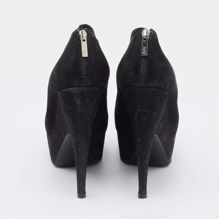 Pre Owned Yves Saint Laurent Black Textured Nubuck Leather Platform Booties Size 40