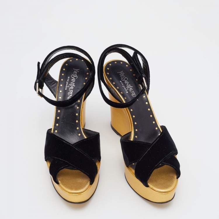 Pre Owned Yves Saint Laurent Black Velvet Criss Cross Ankle Strap Wedge Platform Sandals Size 39