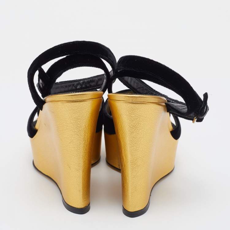 Pre Owned Yves Saint Laurent Black Velvet Criss Cross Ankle Strap Wedge Platform Sandals Size 39