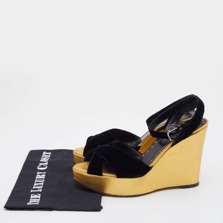 Pre Owned Yves Saint Laurent Black Velvet Criss Cross Ankle Strap Wedge Platform Sandals Size 39
