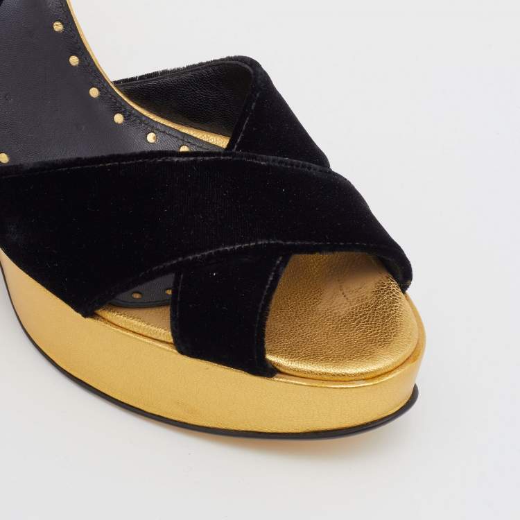 Pre Owned Yves Saint Laurent Black Velvet Criss Cross Ankle Strap Wedge Platform Sandals Size 39