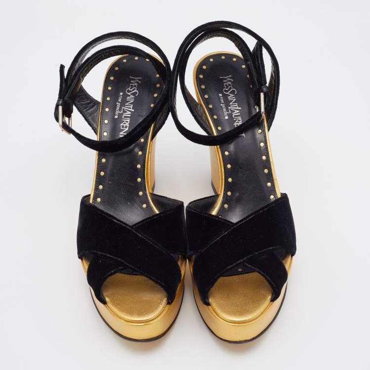 Pre Owned Yves Saint Laurent Black Velvet Criss Cross Ankle Strap Wedge Platform Sandals Size 39