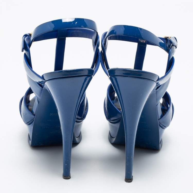Pre Owned Yves Saint Laurent Blue Patent Tribute Sandals Size 39.5