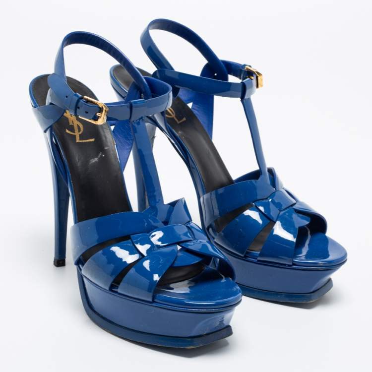 Pre Owned Yves Saint Laurent Blue Patent Tribute Sandals Size 39.5