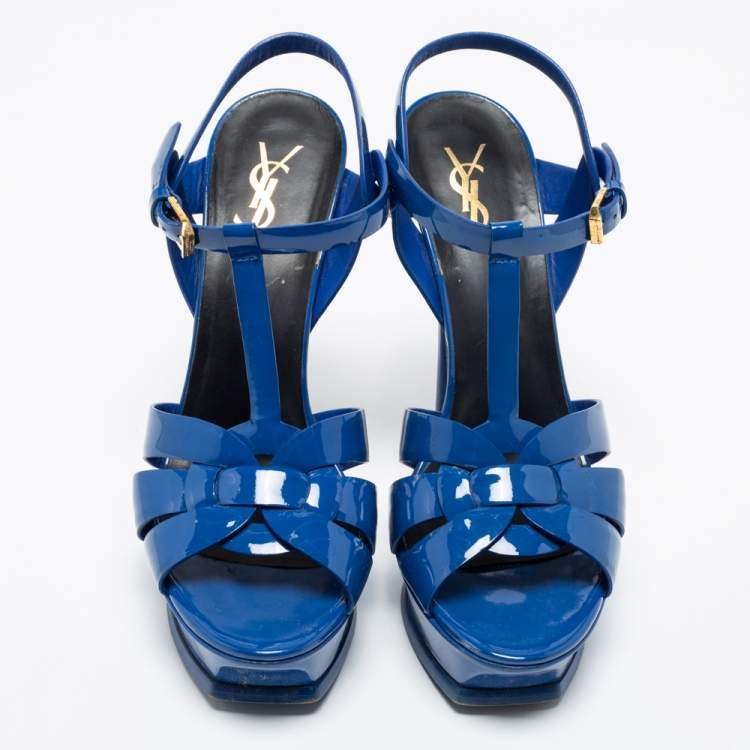 Pre Owned Yves Saint Laurent Blue Patent Tribute Sandals Size 39.5