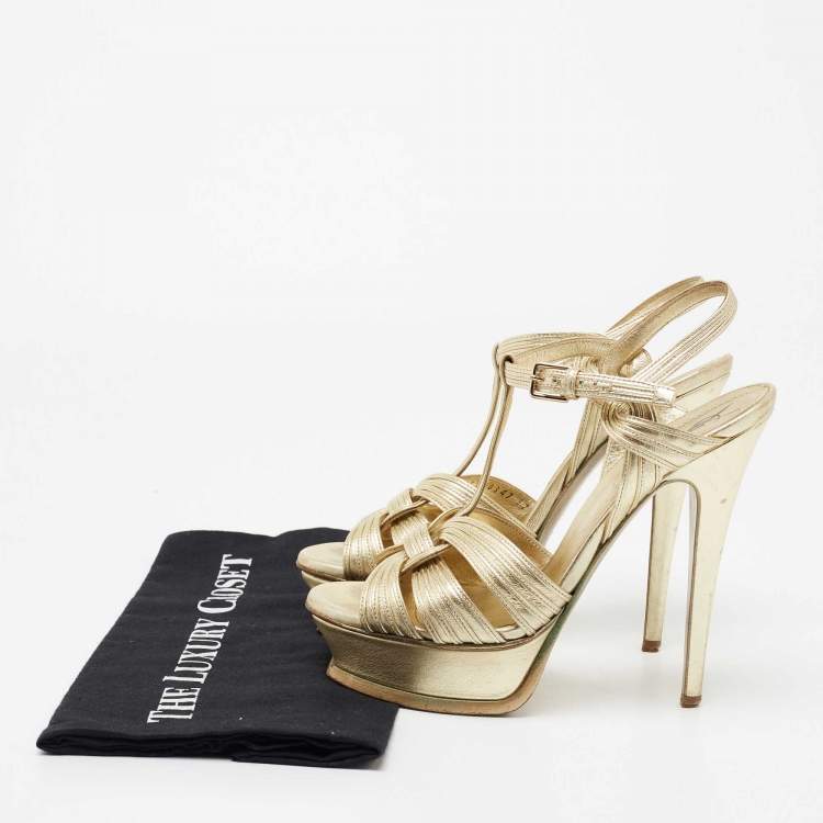 Pre Owned Yves Saint Laurent Gold Leather Tribute Platform Sandals Size 37