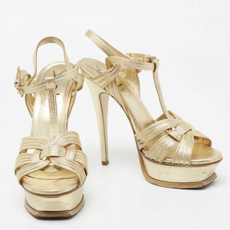 Pre Owned Yves Saint Laurent Gold Leather Tribute Platform Sandals Size 37