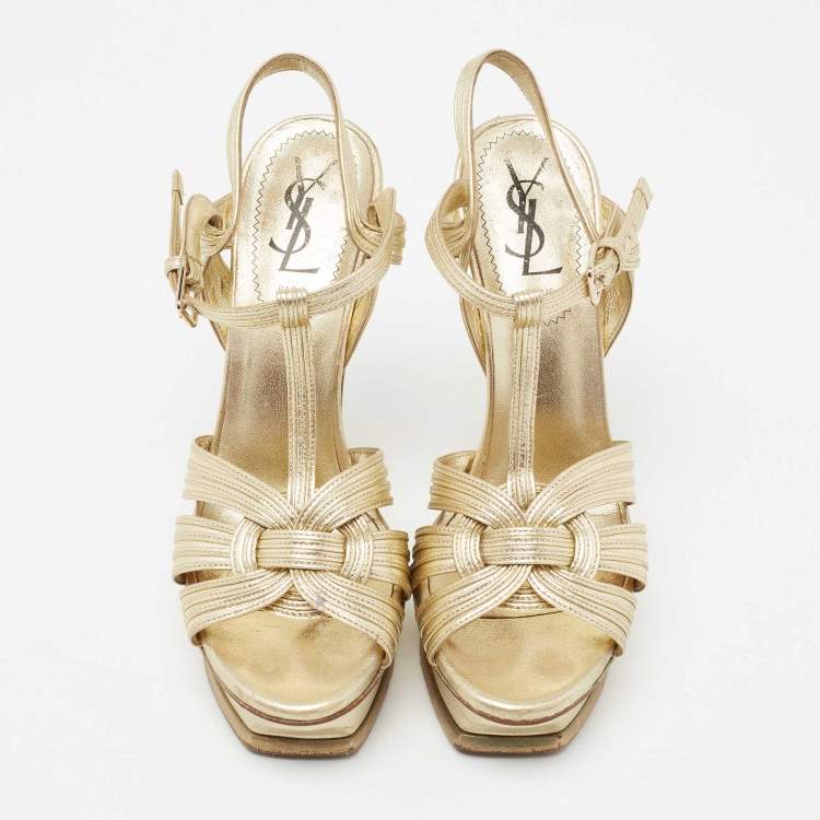 Pre Owned Yves Saint Laurent Gold Leather Tribute Platform Sandals Size 37