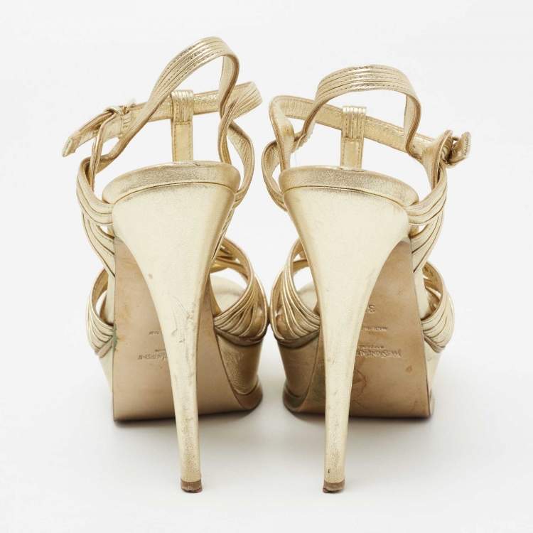 Pre Owned Yves Saint Laurent Gold Leather Tribute Platform Sandals Size 37