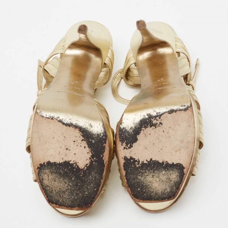 Pre Owned Yves Saint Laurent Gold Leather Tribute Platform Sandals Size 37
