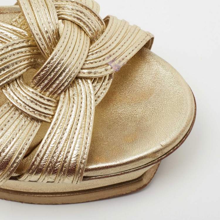 Pre Owned Yves Saint Laurent Gold Leather Tribute Platform Sandals Size 37