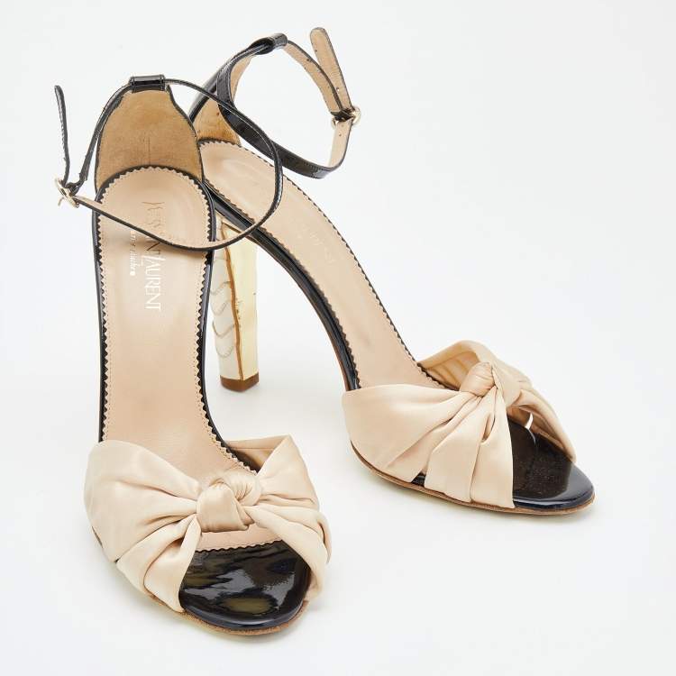 Pre Owned Yves Saint Laurent Beige/Black Satin Knotted Bow And Patent Leather Ankle Strap Sandals Size 39.5