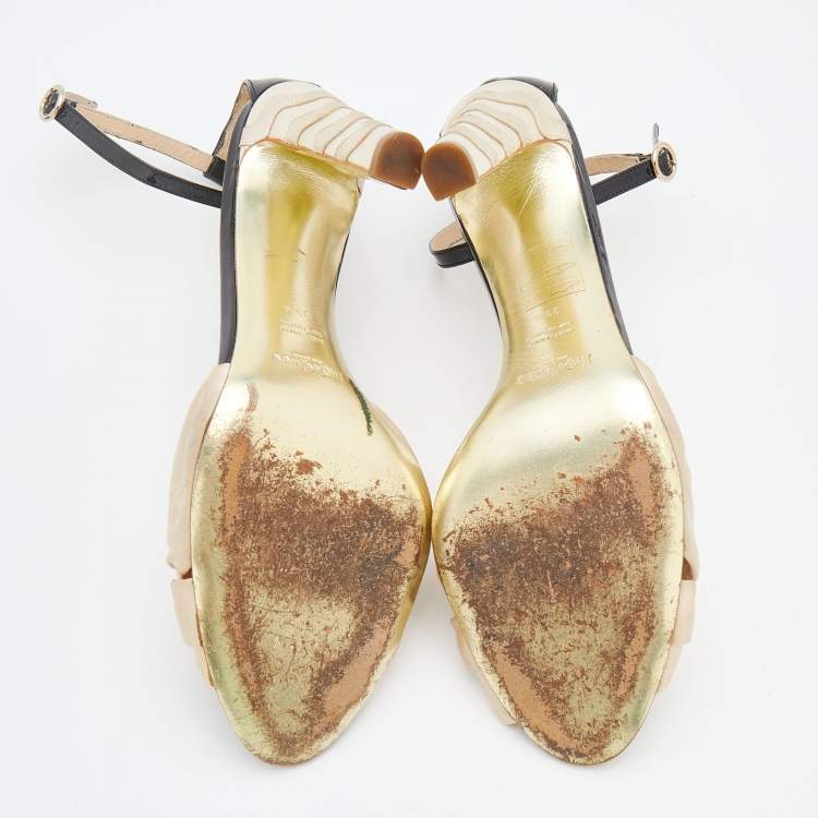 Pre Owned Yves Saint Laurent Beige/Black Satin Knotted Bow And Patent Leather Ankle Strap Sandals Size 39.5