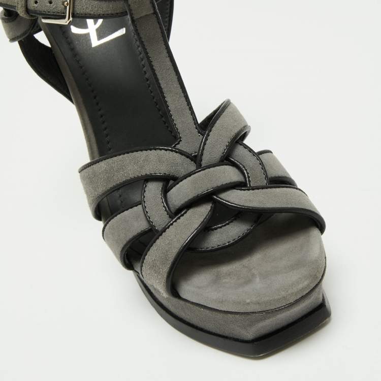 مملوكة مسبقًا Yves Saint Laurent Grey/Black Suede And Leather Tribute Platform Ankle Strap Sandals Size 37