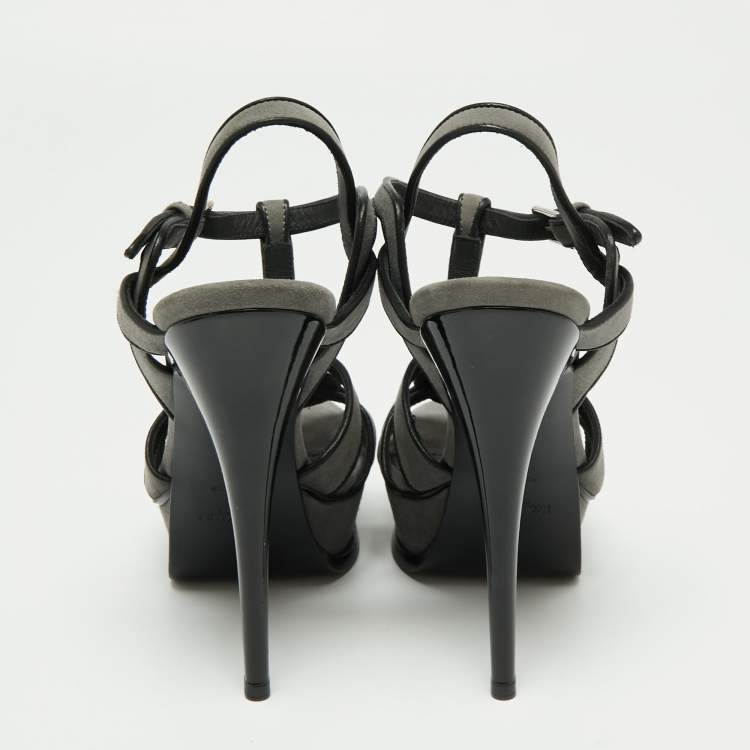 مملوكة مسبقًا Yves Saint Laurent Grey/Black Suede And Leather Tribute Platform Ankle Strap Sandals Size 37