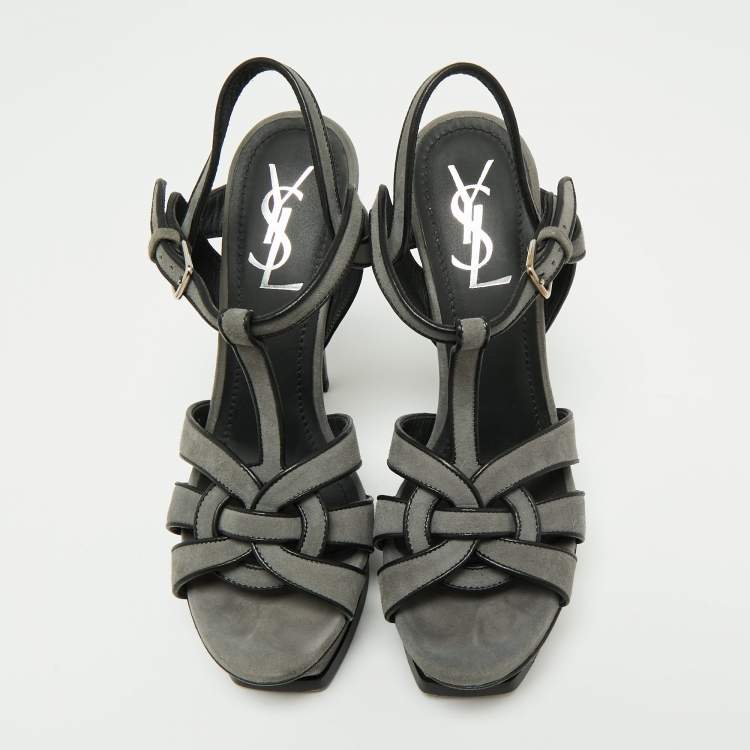 مملوكة مسبقًا Yves Saint Laurent Grey/Black Suede And Leather Tribute Platform Ankle Strap Sandals Size 37