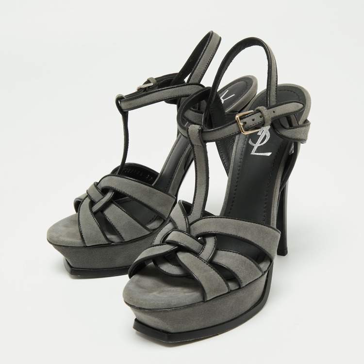 مملوكة مسبقًا Yves Saint Laurent Grey/Black Suede And Leather Tribute Platform Ankle Strap Sandals Size 37