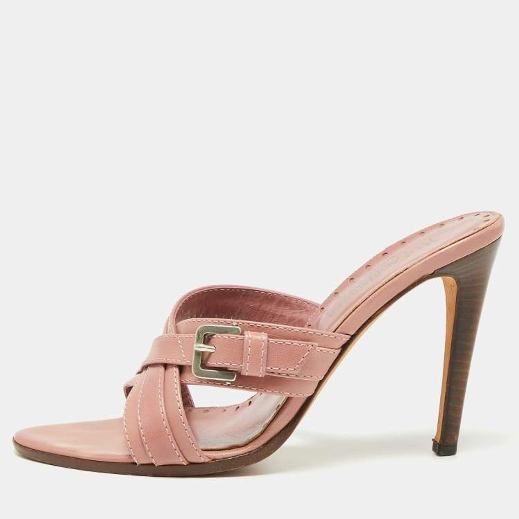 Pre Owned Yves Saint Laurent Pink Leather Cross Strap Buckle Sandals Size 39