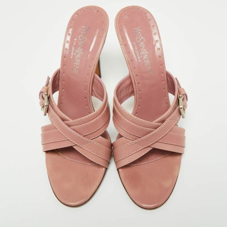 Pre Owned Yves Saint Laurent Pink Leather Cross Strap Buckle Sandals Size 39
