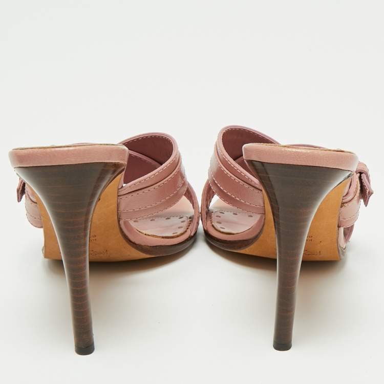 Pre Owned Yves Saint Laurent Pink Leather Cross Strap Buckle Sandals Size 39
