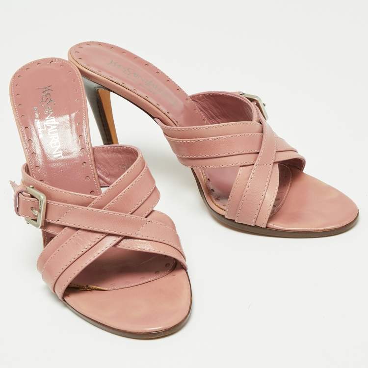 Pre Owned Yves Saint Laurent Pink Leather Cross Strap Buckle Sandals Size 39