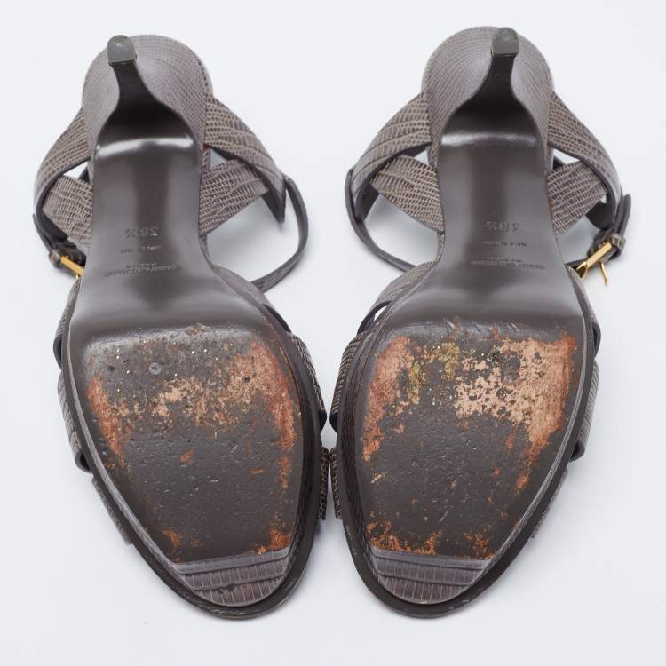 مملوكة مسبقًا Yves Saint Laurent Grey Lizard Embossed Leather Tribute  Sandals Size 38.5