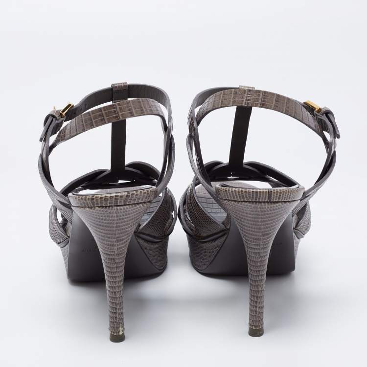 مملوكة مسبقًا Yves Saint Laurent Grey Lizard Embossed Leather Tribute  Sandals Size 38.5