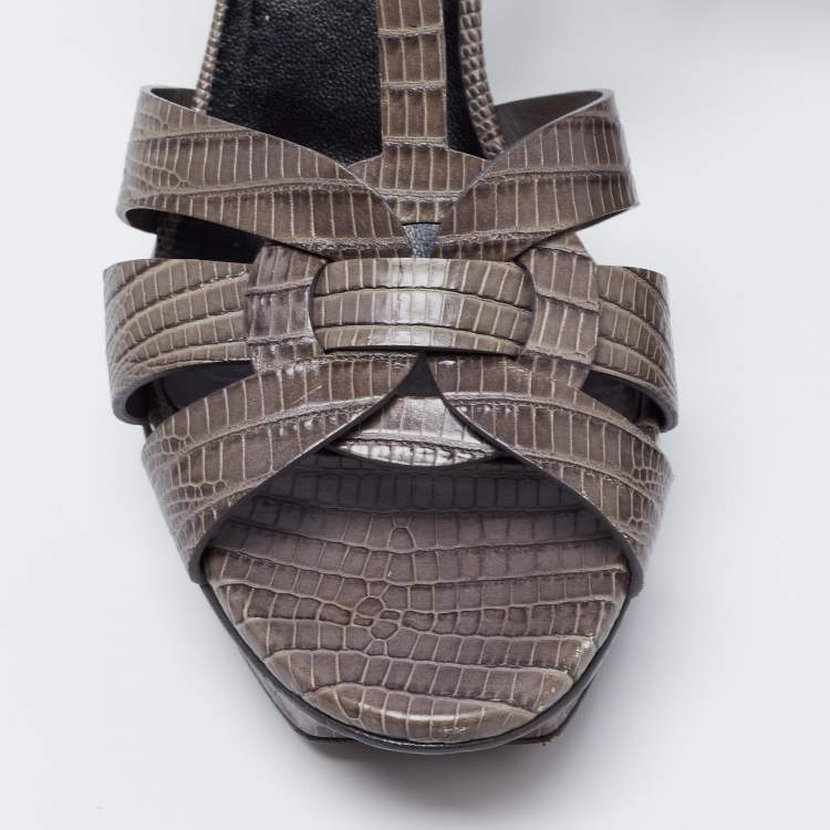 مملوكة مسبقًا Yves Saint Laurent Grey Lizard Embossed Leather Tribute  Sandals Size 38.5