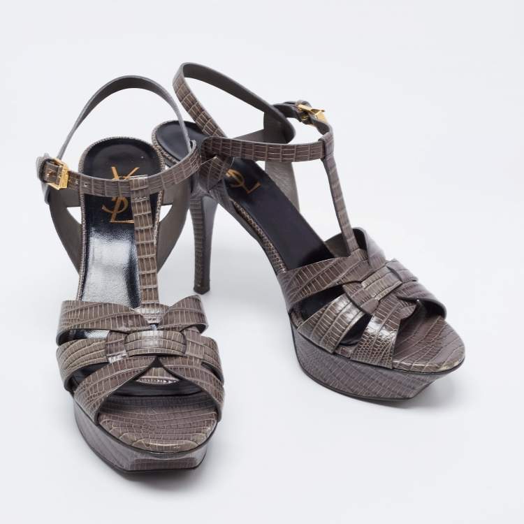 مملوكة مسبقًا Yves Saint Laurent Grey Lizard Embossed Leather Tribute  Sandals Size 38.5