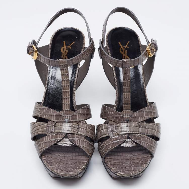 مملوكة مسبقًا Yves Saint Laurent Grey Lizard Embossed Leather Tribute  Sandals Size 38.5