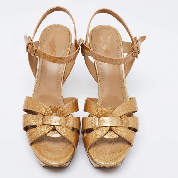 Pre Owned Yves Saint Laurent Gold Patent Tribute Platform Sandals Size 39.5