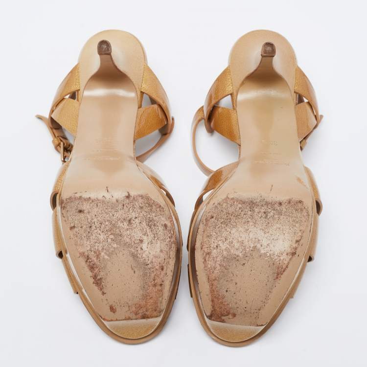 Pre Owned Yves Saint Laurent Gold Patent Tribute Platform Sandals Size 39.5
