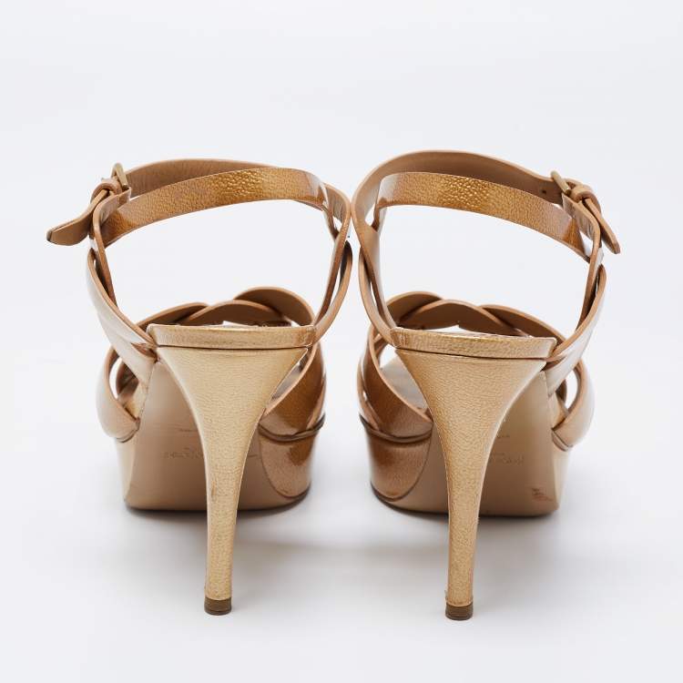 Pre Owned Yves Saint Laurent Gold Patent Tribute Platform Sandals Size 39.5