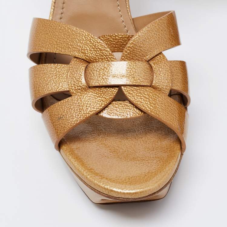 Pre Owned Yves Saint Laurent Gold Patent Tribute Platform Sandals Size 39.5