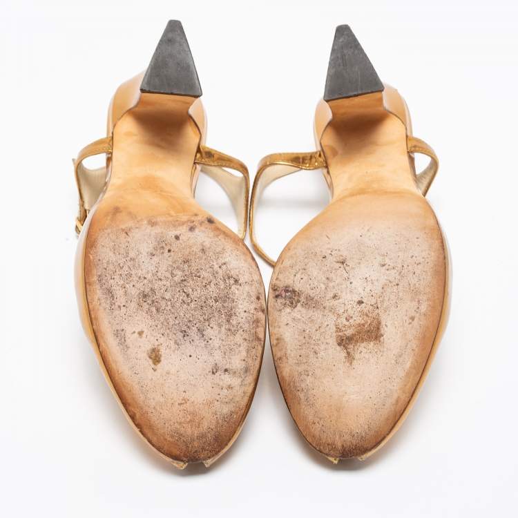 Pre Owned Yves Saint Laurent Gold Leather Ankle Strap Sandals Size 39.5