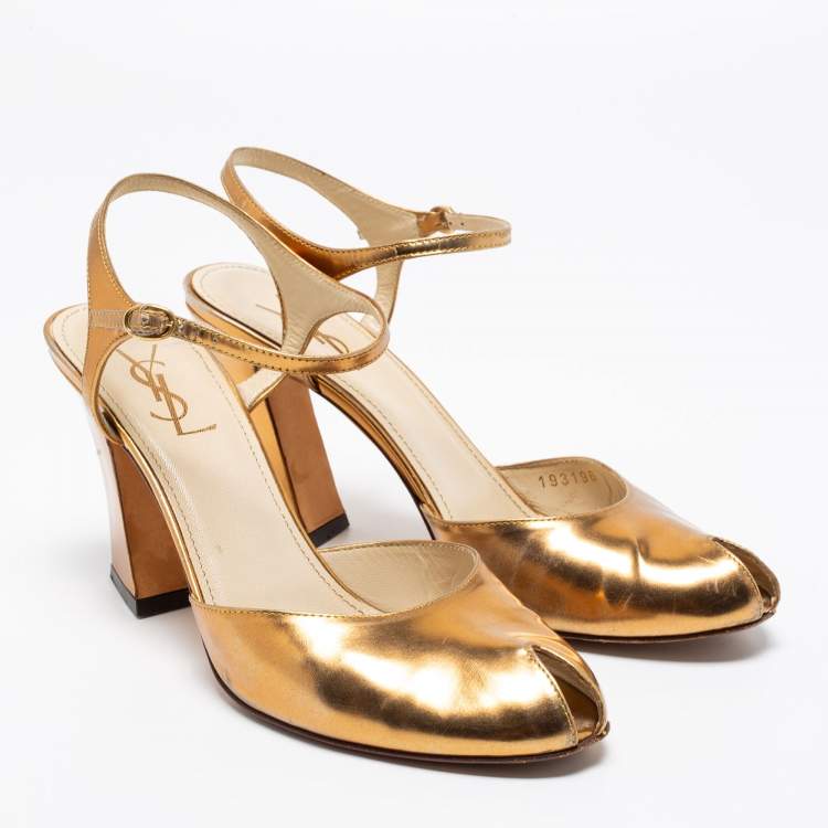 Pre Owned Yves Saint Laurent Gold Leather Ankle Strap Sandals Size 39.5