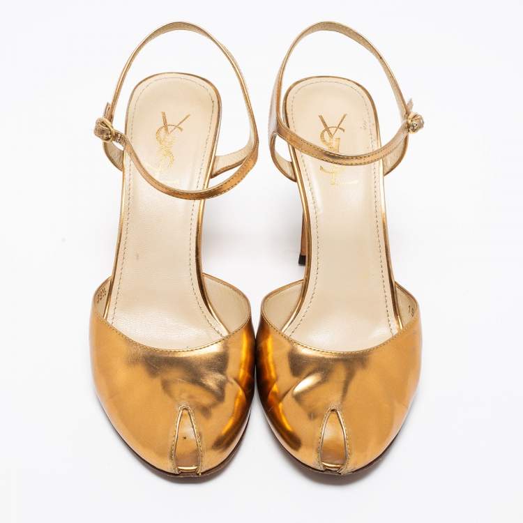 Pre Owned Yves Saint Laurent Gold Leather Ankle Strap Sandals Size 39.5