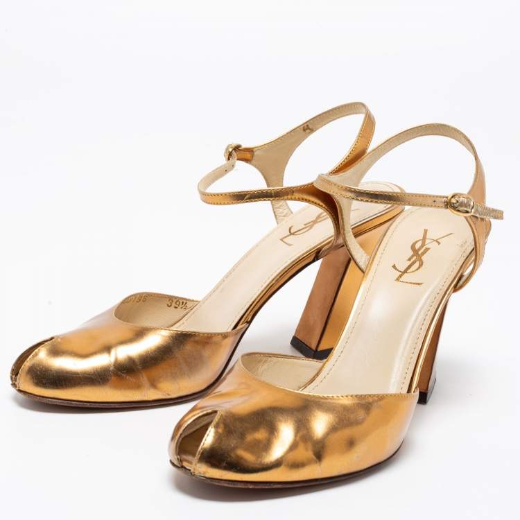 Pre Owned Yves Saint Laurent Gold Leather Ankle Strap Sandals Size 39.5