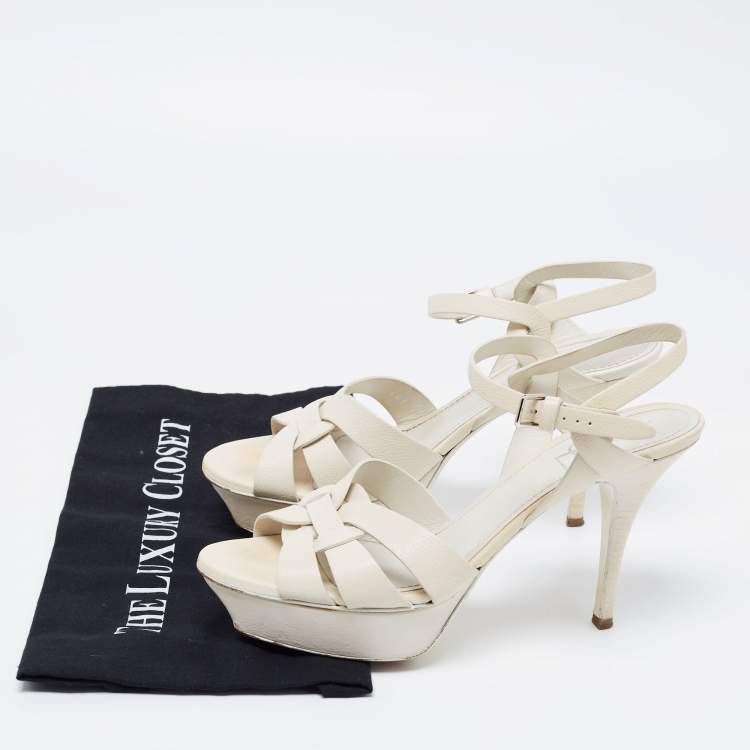 مملوكة مسبقًا Yves Saint Laurent White Leather Tribute Platform Sandals Size 39.5