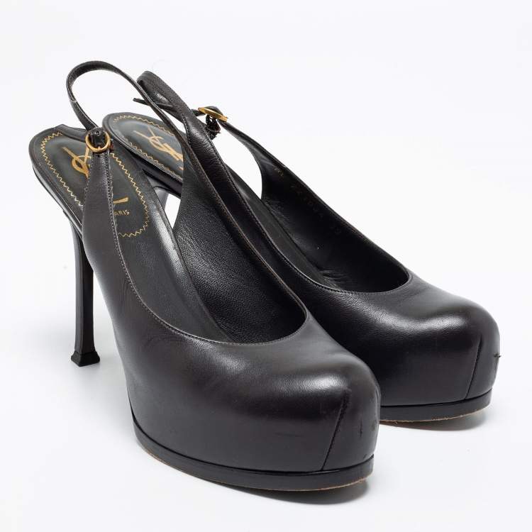 Pre Owned Yves Saint Laurent Black Leather Platform Slingback Sandals Size 39