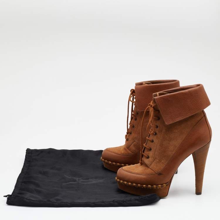 Pre Owned Yves Saint Laurent Brown Suede and Leather Platform Ankle Length Boots Size 38