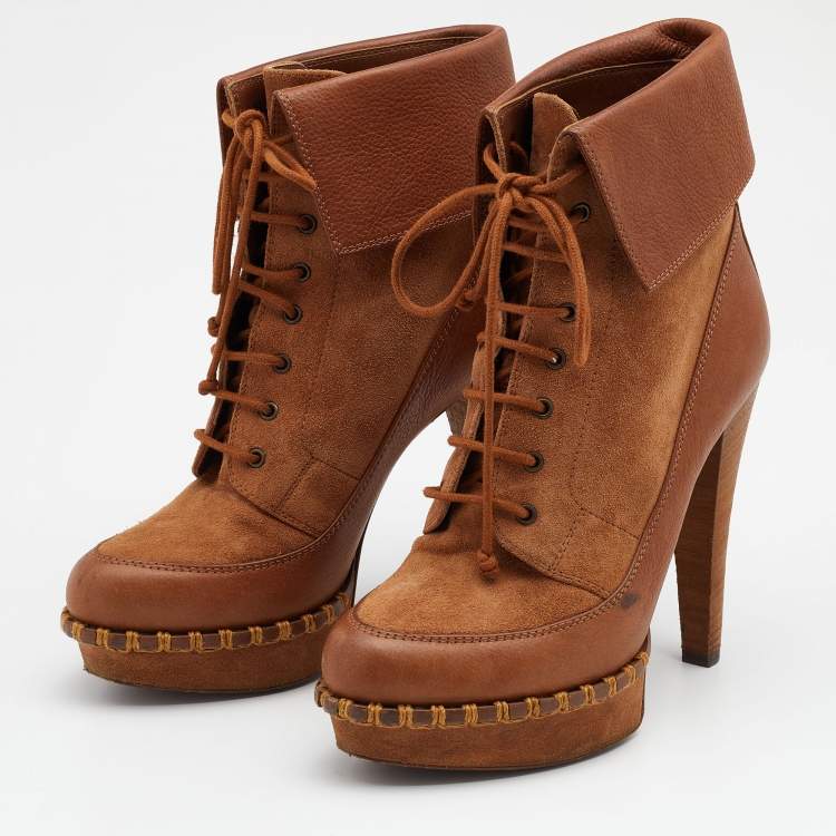 Pre Owned Yves Saint Laurent Brown Suede and Leather Platform Ankle Length Boots Size 38