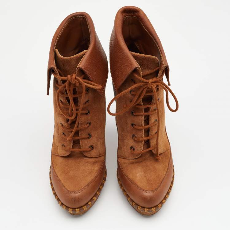 Pre Owned Yves Saint Laurent Brown Suede and Leather Platform Ankle Length Boots Size 38